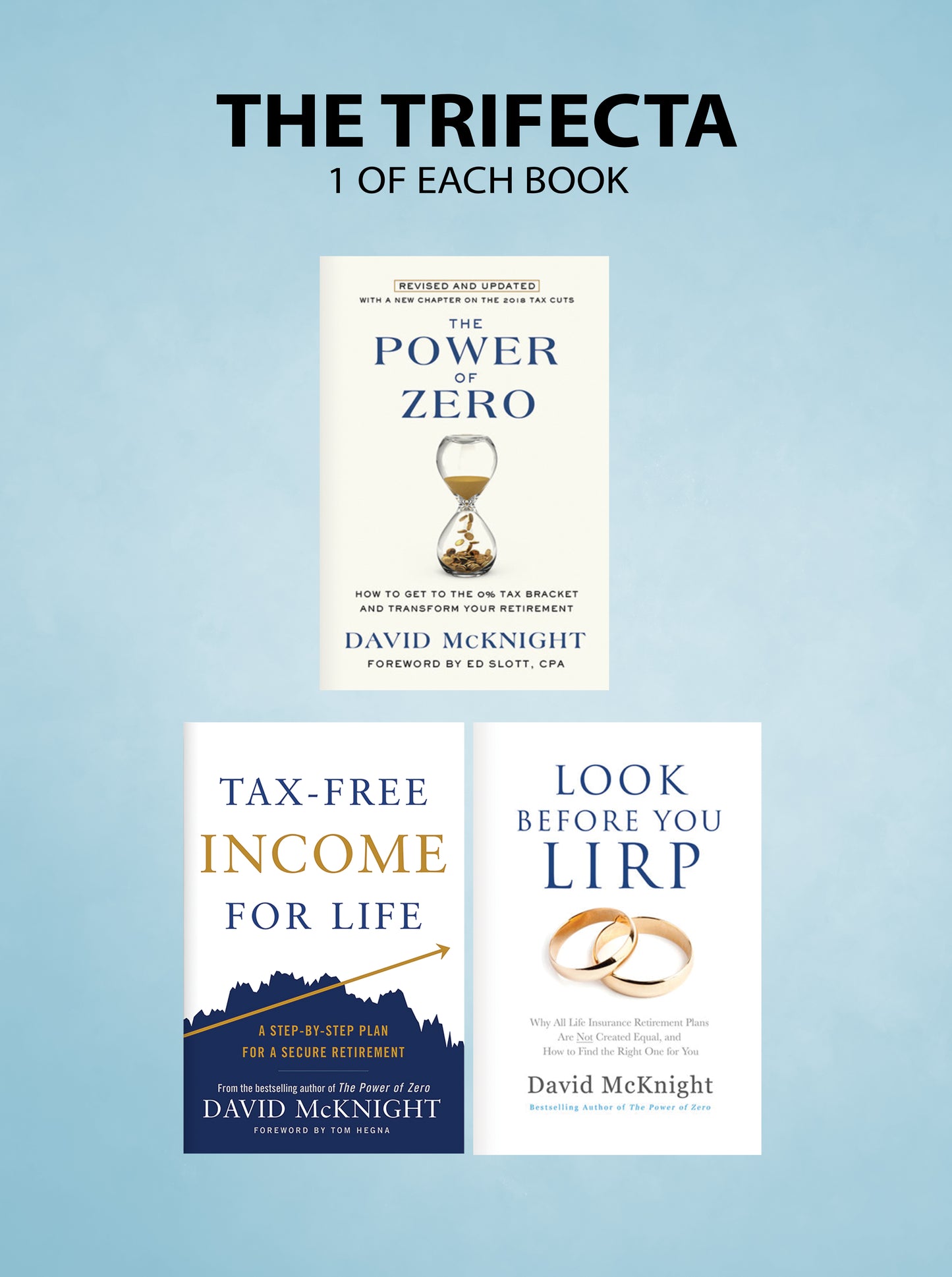 Three book covers by David McKnight on a light blue background