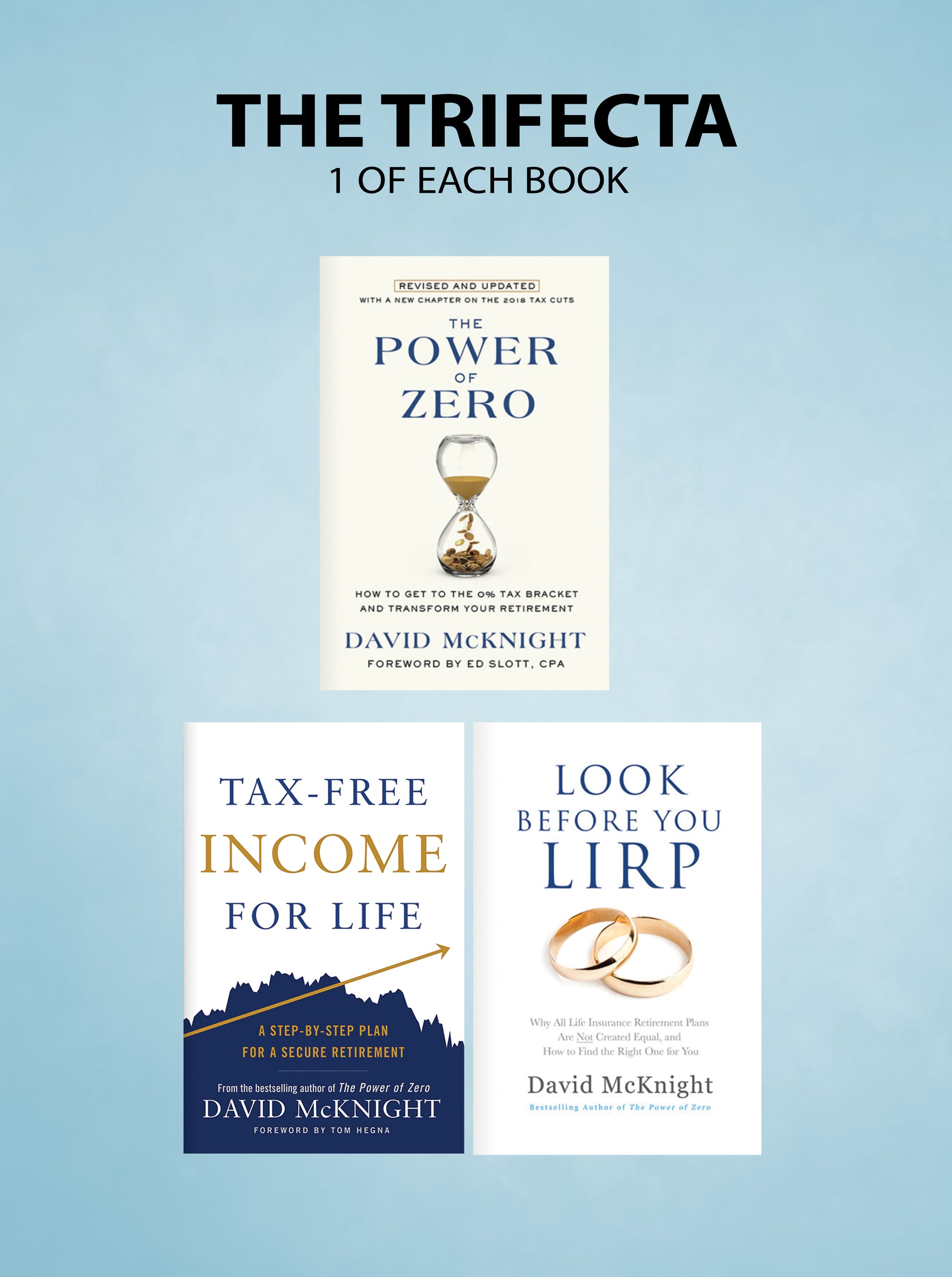 Three book covers by David McKnight on a light blue background
